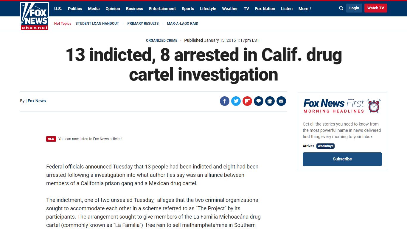 13 indicted, 8 arrested in Calif. drug cartel investigation